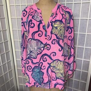 Lilly Pulitzer Pink Tunic Top with Navy, Yellow & Teal Leaf Print